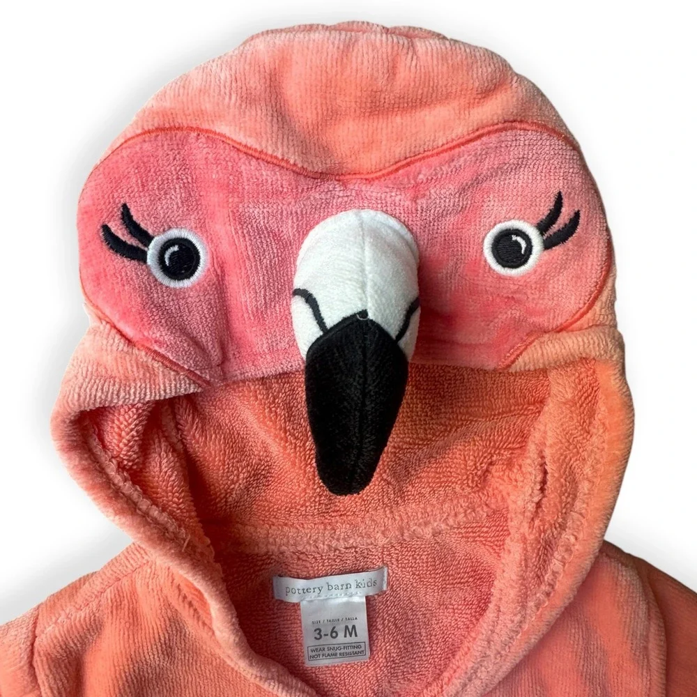 Pottery Barn Hooded Flamingo Baby Robe Coral Cotton Terry 3-6 Months